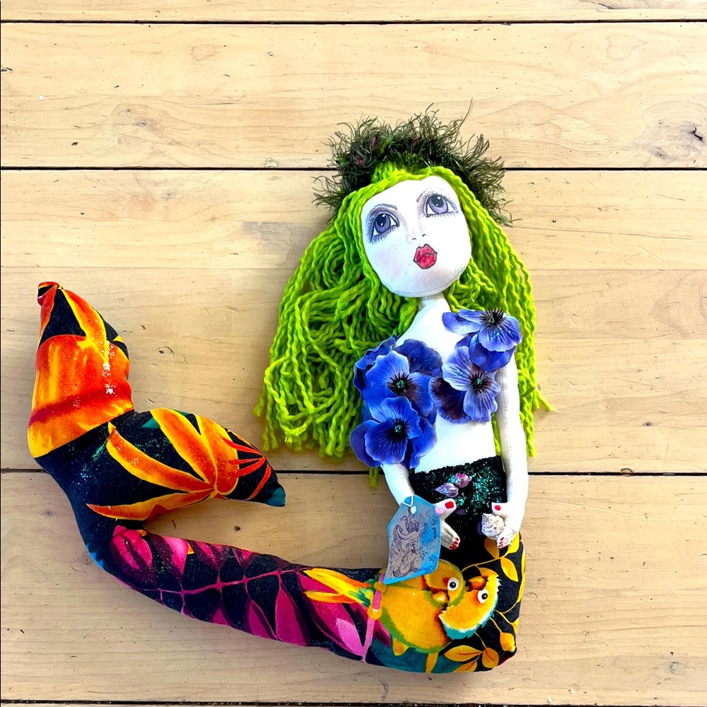 Handmade Hawaiian Mermaid Doll with Green Hair